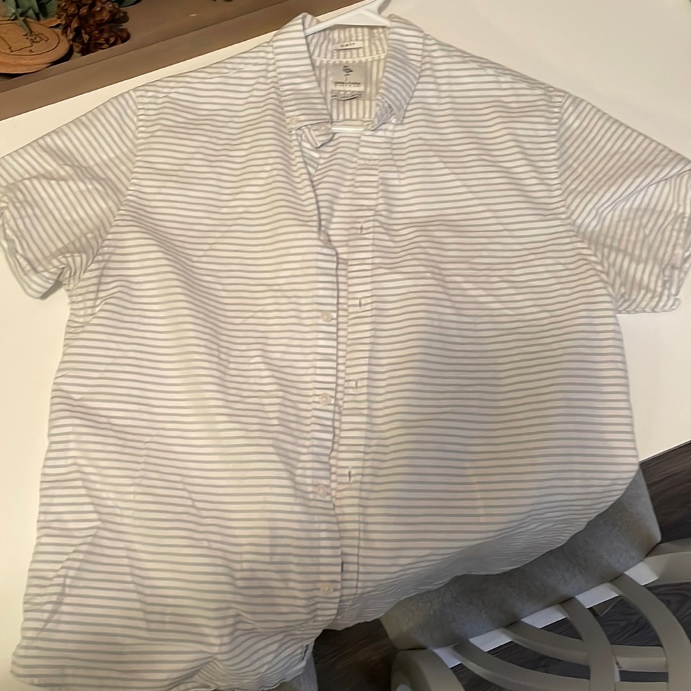 White and grey striped dad shirt, denim & flower